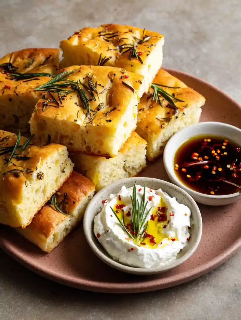 Plate of chilli oil focaccia served with whipped feta and chilli oil dip