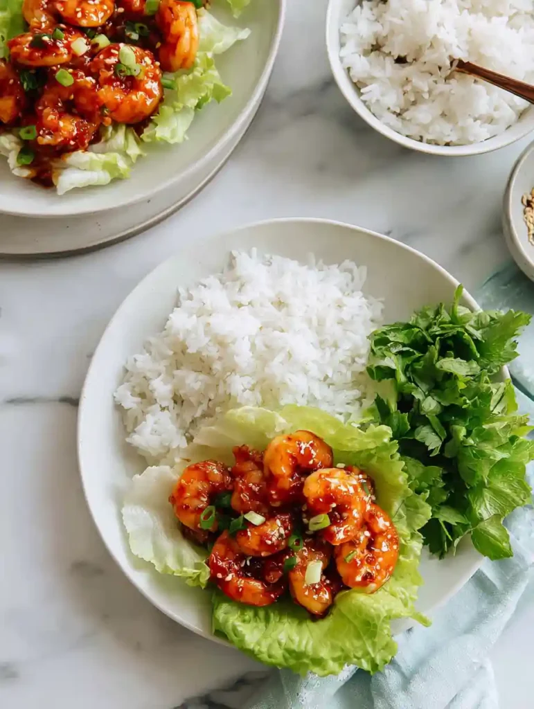 Firecracker shrimp lettuce wrap with rice and herbs