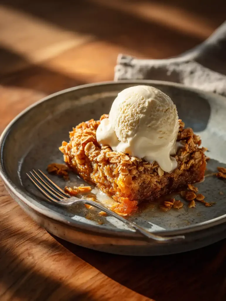 Pumpkin crisp served with vanilla ice cream on ceramic plate