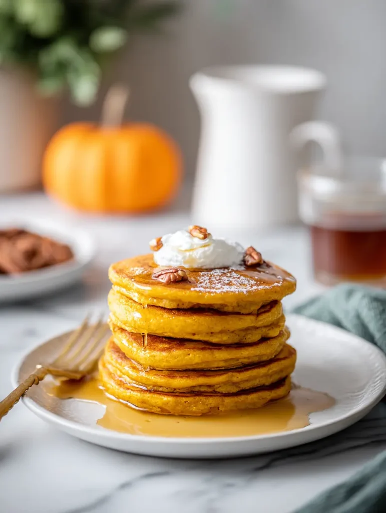 Pumpkin pancakes with whipped cream, syrup, and pecans
