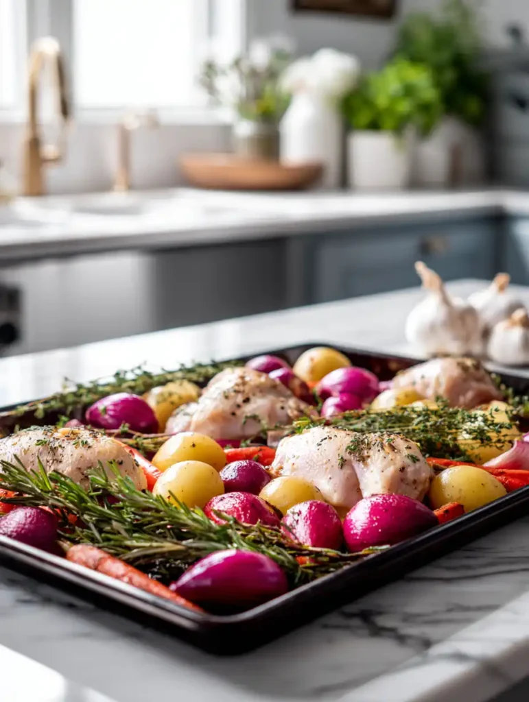 quick sheet pan recipes uncooked sheet pan chicken and vegetables prepared for baking on marble counter