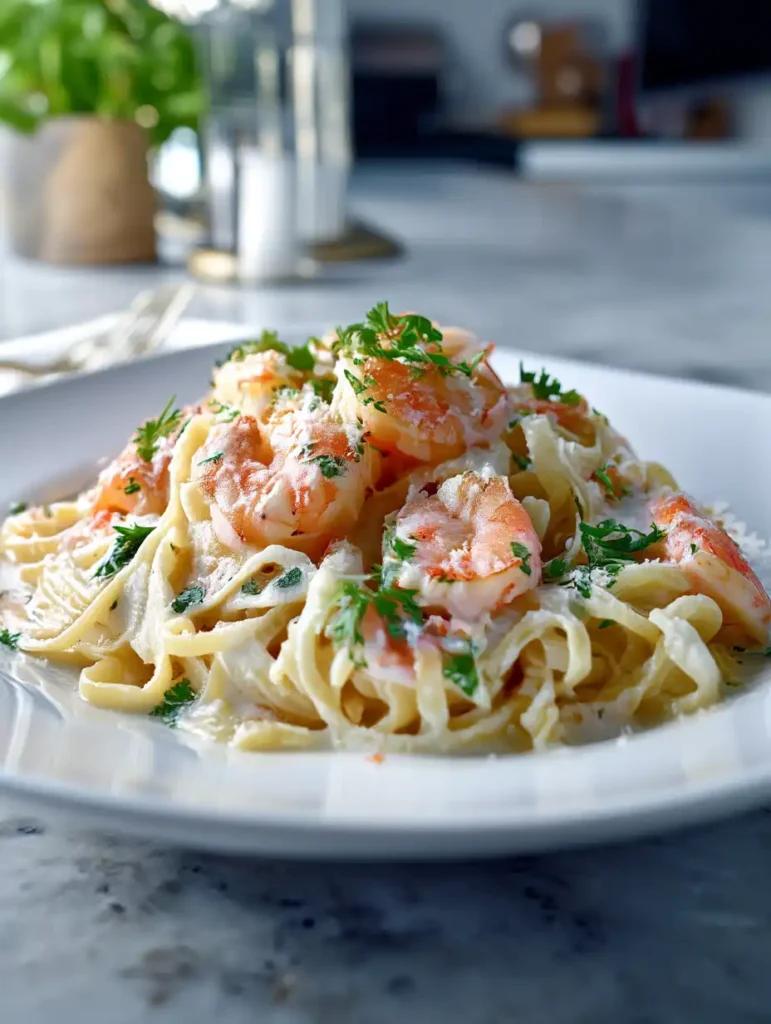 Easy Shrimp Pasta with creamy garlic sauce and fresh parsley on a white plate.