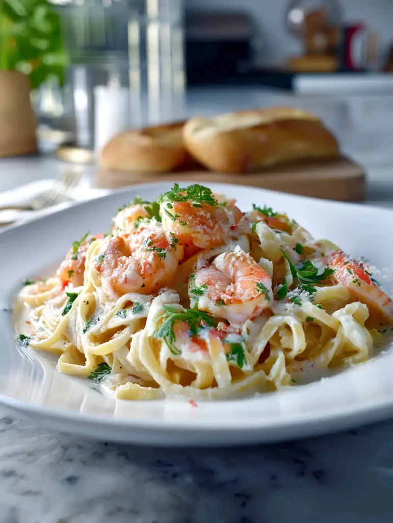 Easy Shrimp Pasta served with garlic bread in the background.