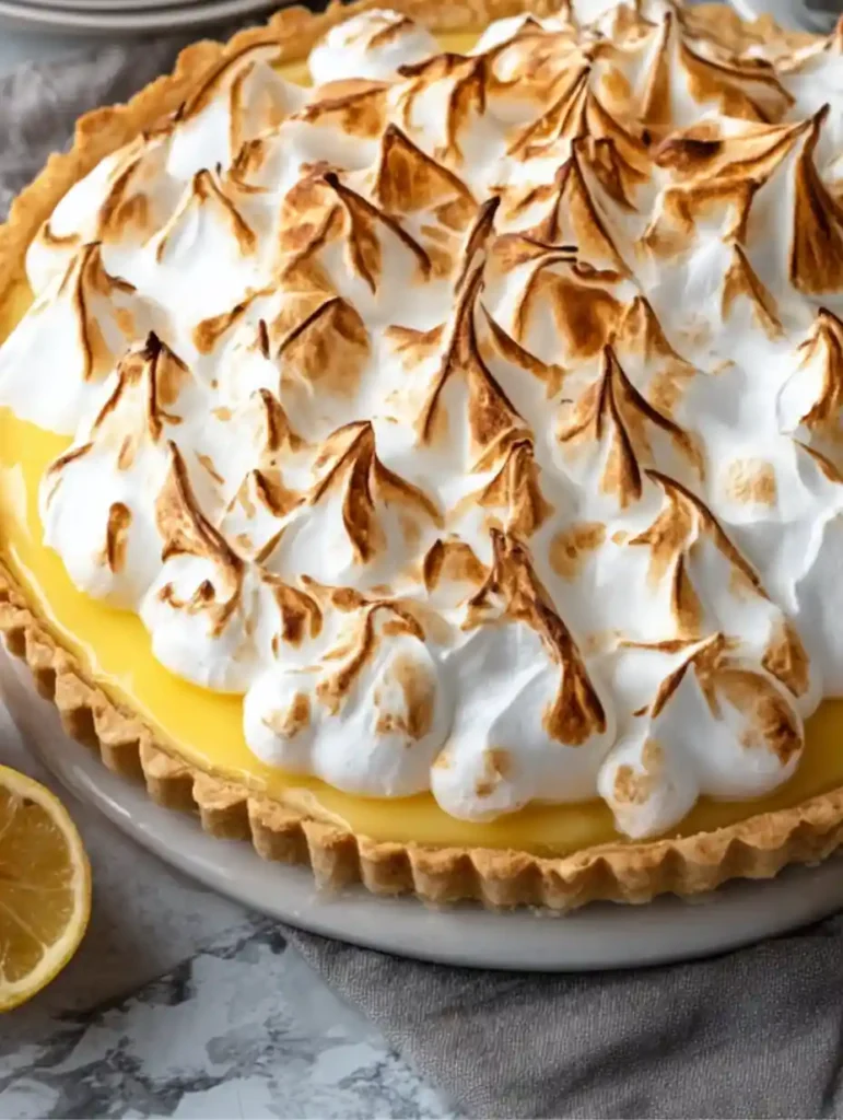 Lemon meringue pie with toasted meringue peaks on a crisp pie crust