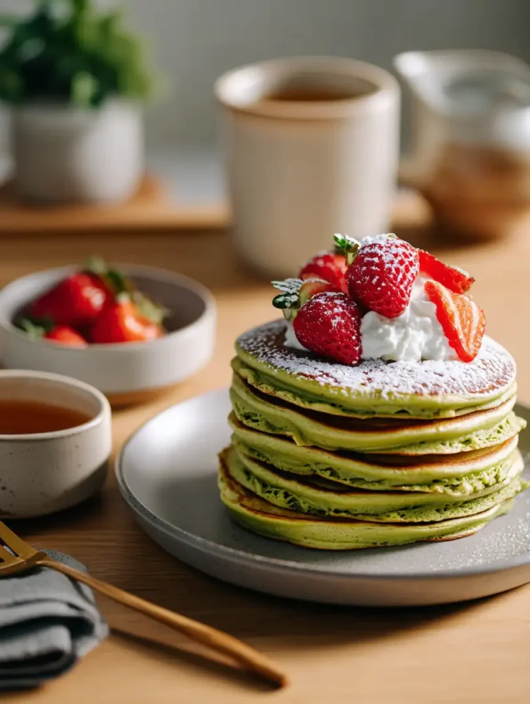 Fluffy matcha pancakes with whipped coconut cream, strawberries, and tea