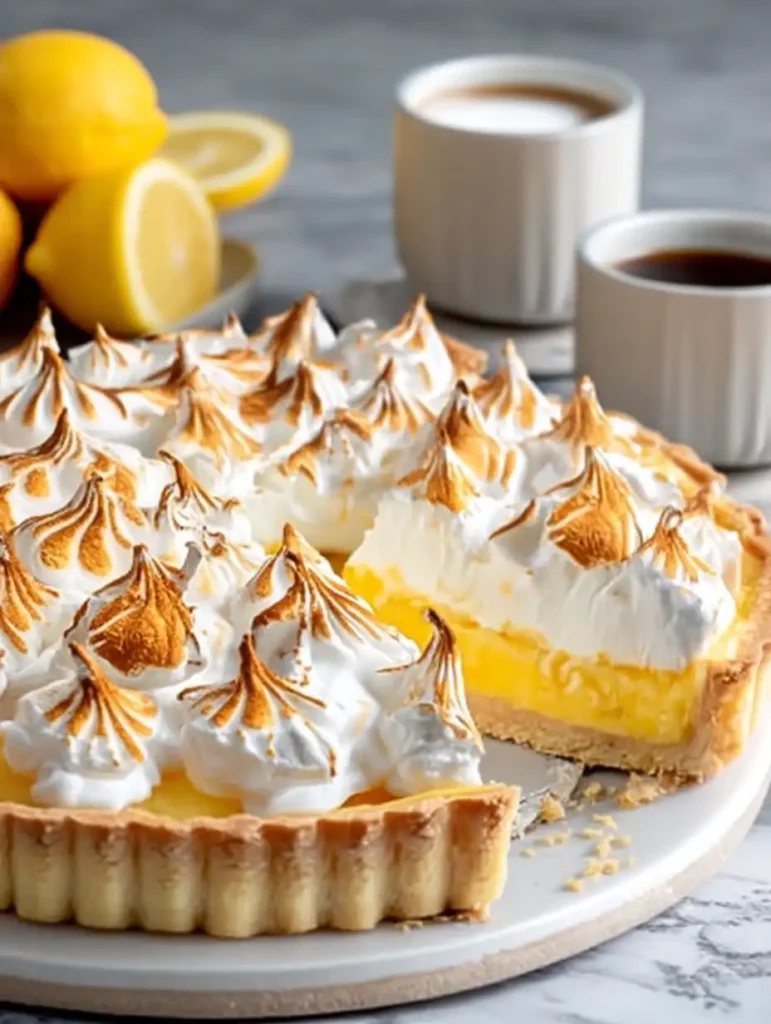 Homemade lemon meringue pie with toasted meringue and flaky crust
