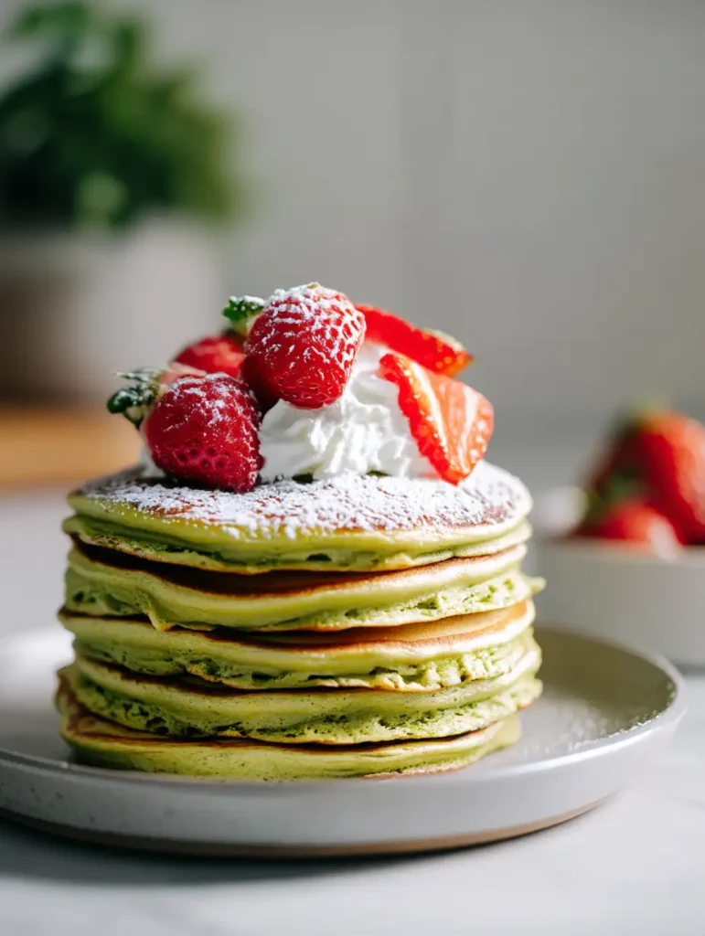 Stack of fluffy matcha pancakes with coconut cream and strawberries