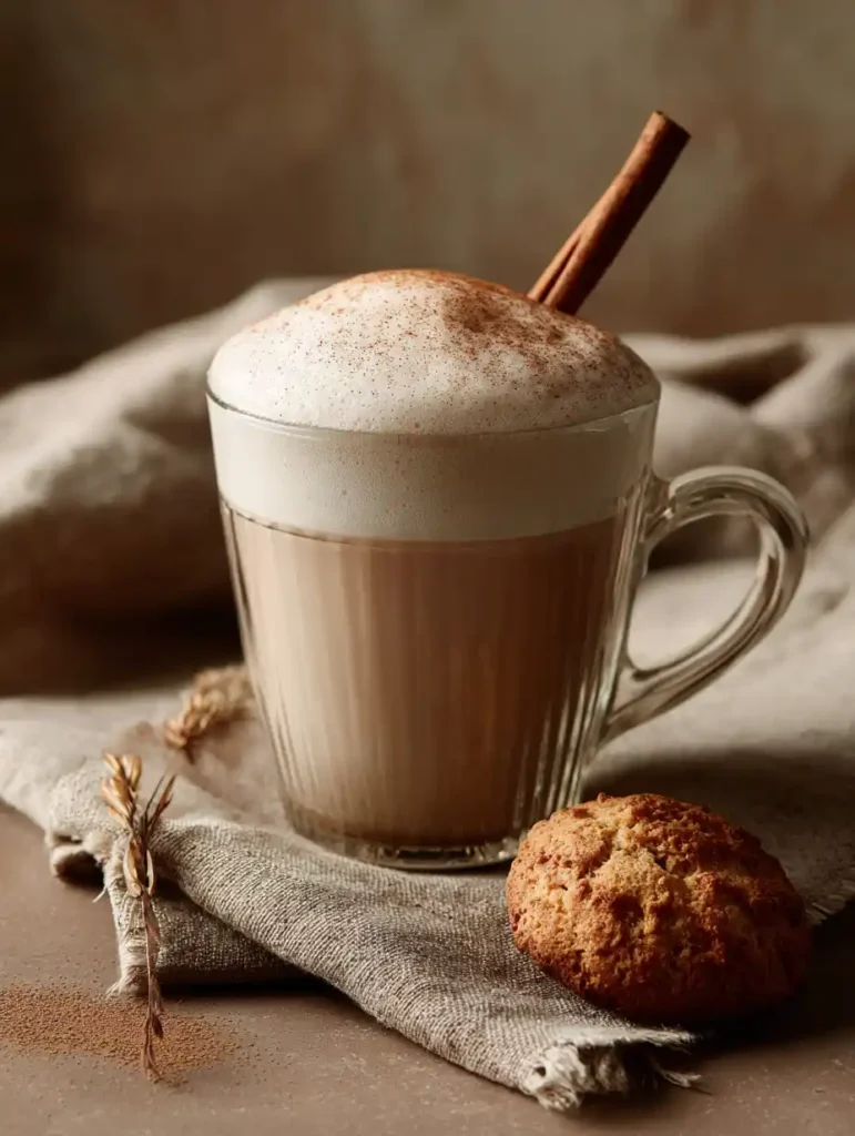 Vanilla chai latte with cinnamon stick and biscuit on linen napkin