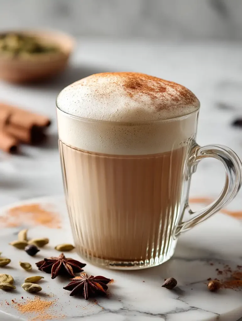 Vanilla chai latte with frothed oat milk and cinnamon, served with whole spices on marble