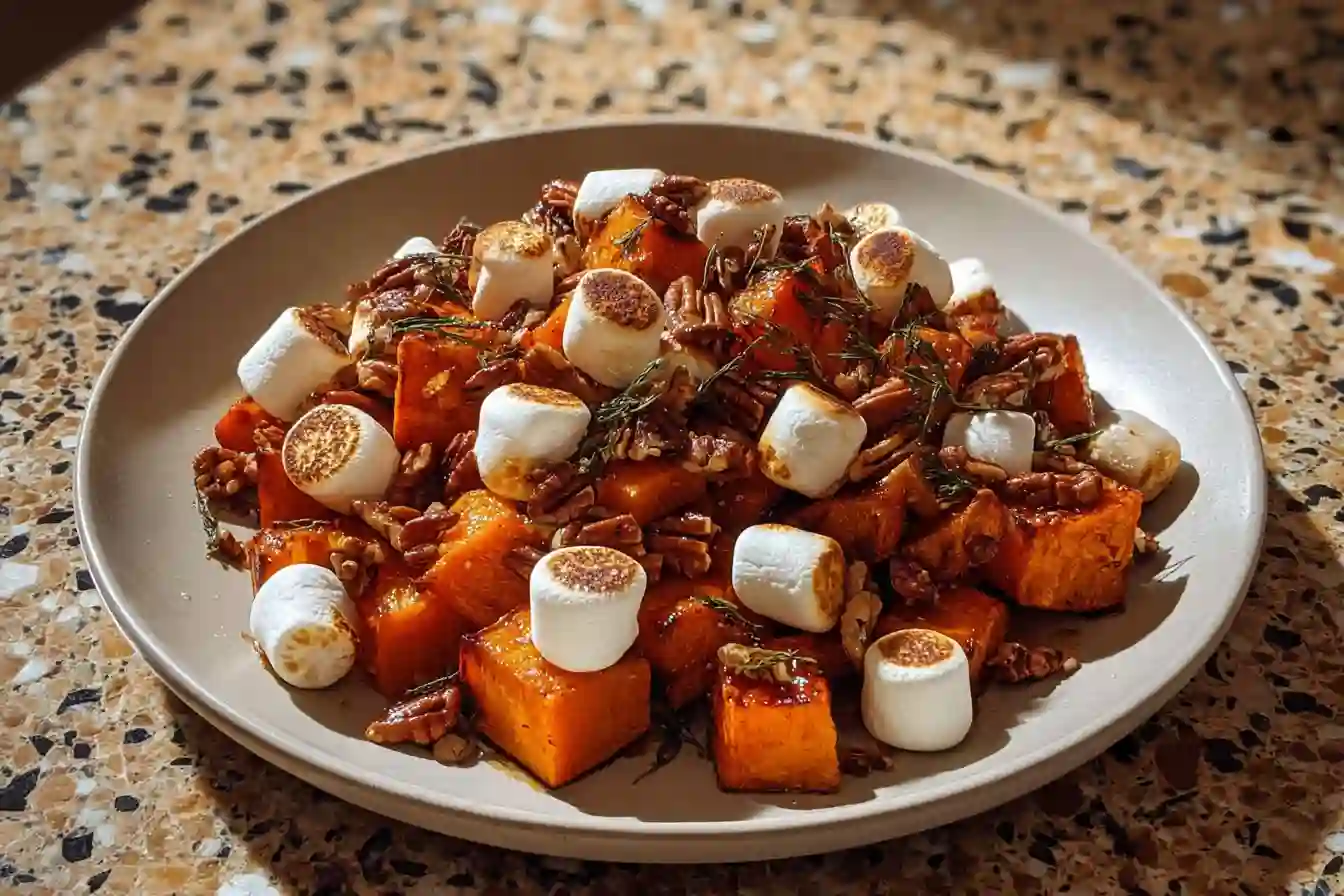 Caramelized Sweet Potato Bites with Brown Sugar Marshmallows and Pecans