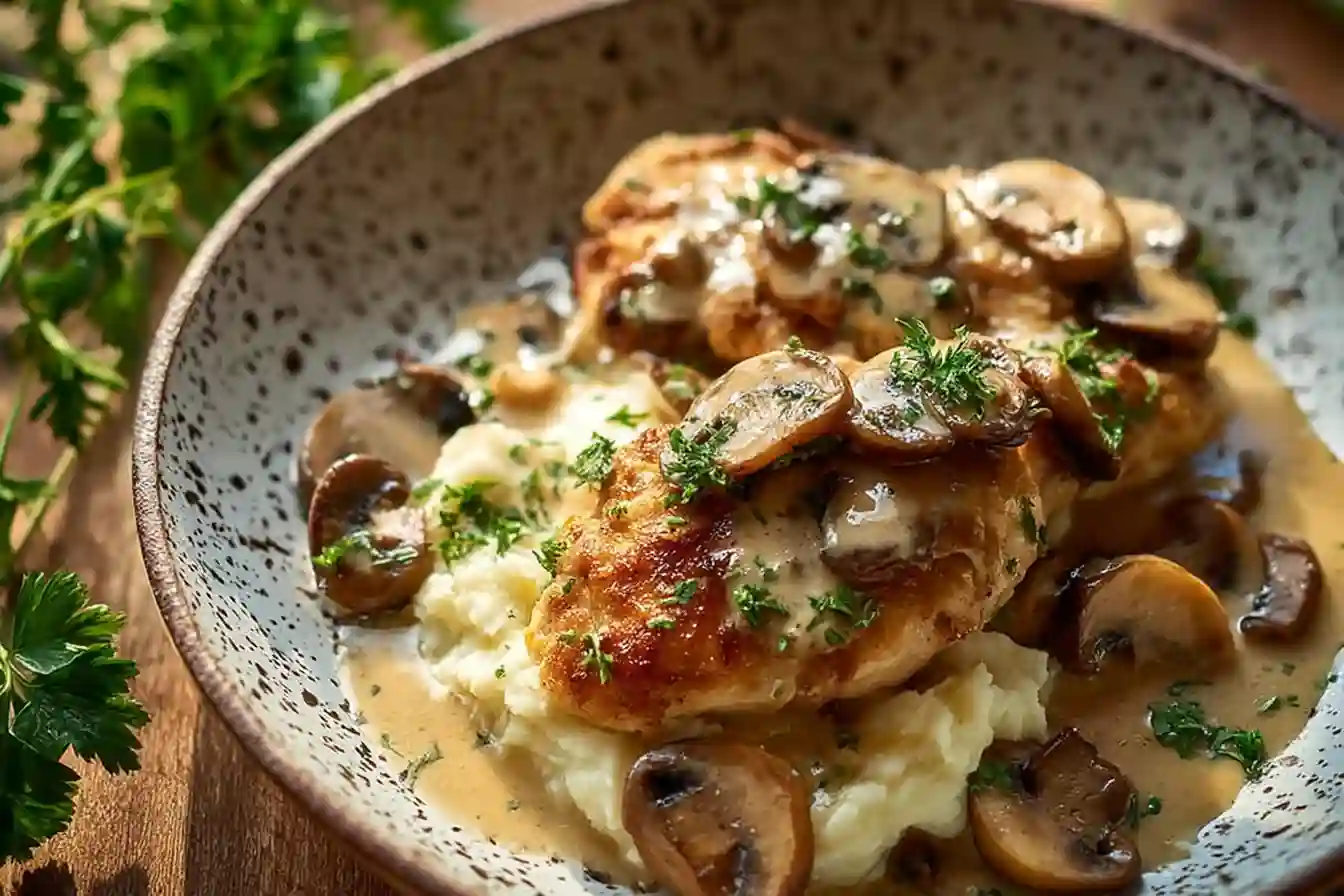 Golden Crispy Chicken with Creamy Mushroom Sauce